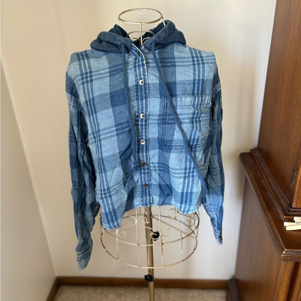 American Eagle Outfitters Blue Plaid Button Down Hooded Top Size XS
